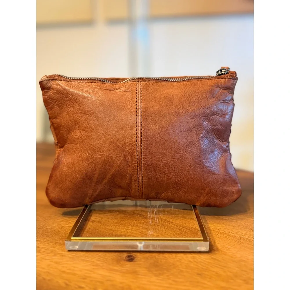 Vilenca Holland Woven Leather Wristlet Pouch Cognac Brown Boho Clutch Bag
